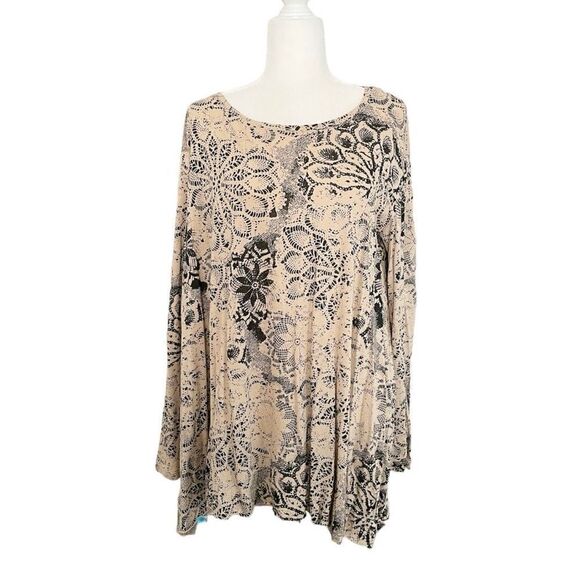 Peruvian Connection Asymmetrical Medallion Tunic Black Tan Print Size M/L - Picture 1 of 5
